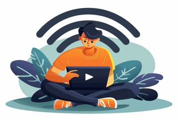 Illustration of a person sitting cross legged with a laptop and Wi Fi signal, highlighting the ease of wireless internet access