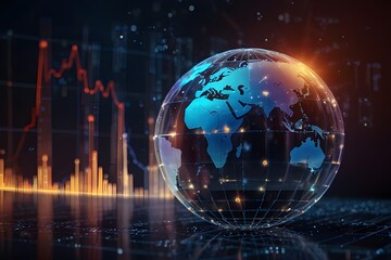 The topic of big data and blockchain is portrayed,Disco Globe Stock Photos,Business charts set behind a glowing glass glob