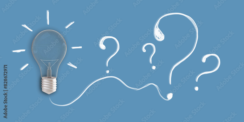 Poster A lightbulb and question marks digital illustration on a blue background, concept of ideas and questions. 3D Rendering