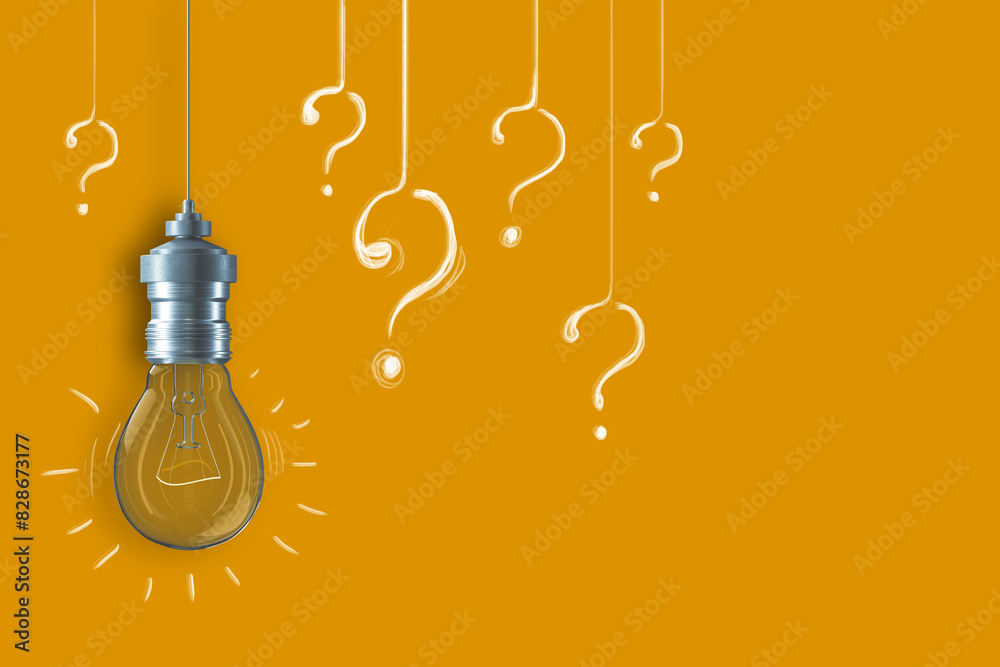 Poster Illustration of a lightbulb with glowing filament and question marks on a vibrant orange background, concept of innovation and inquiry. 3D Rendering