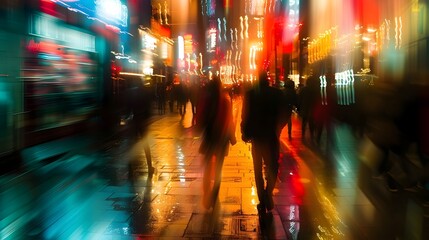 Blurred Moody Nighttime City Street with Shimmering Lights Reflections and Silhouetted Figures in Impressionistic Neo Noir Visual Style