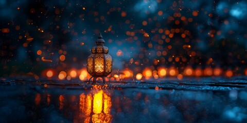 Muslim Arabian Lantern is lighting at night. Beautiful Lanterns Outdoors Background. Blurred Bokeh...