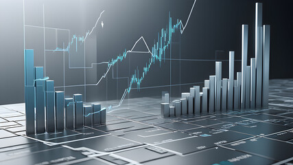 Naklejka premium Abstract graph chart of stock market trade background in very light blue and gray colors. Growth up business financial investment or economic concept, Generative AI
