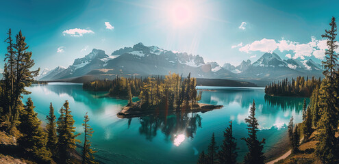 A stunning view of the picturesque Morgan Lake in Canada with its turquoise waters and snowcapped...