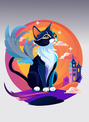 Blue cat with wings and landscape on the grey gradient background