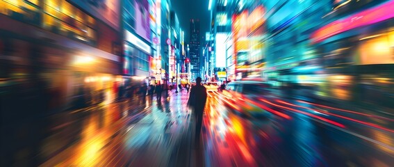 Blurred City Street at Night with Vibrant Neon Lights and Dynamic Motion Blur