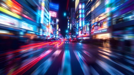 Obraz premium Blurred City Street at Night with Vibrant Neon Lights and Dynamic Motion Blur