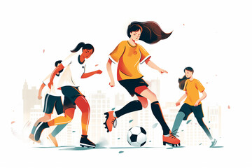 Obraz premium Young girls playing soccer. The concept of sports. illustration, design, drawing, postcard