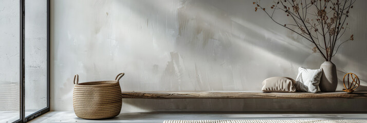 Obraz premium Modern interiors with minimalistic decoration and minimal furniture. Interior design composition with natural window lighting and copyspace for text