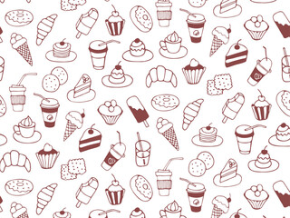 Seamless pattern of food and drink, fast food, sweets, cookies, coffee. Hand drawn vector monochrome doodles in line style on transparent background