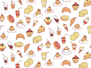 Seamless pattern of food and drink, fast food, sweets, cookies, coffee. Hand drawn vector colorful doodles in flat style on transparent background