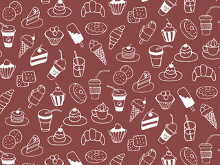 Seamless pattern of food and drink, fast food, sweets, cookies, coffee. Hand drawn vector monochrome doodles in line style