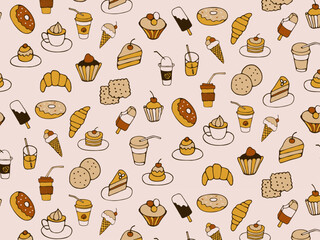 Seamless pattern of food and drink, fast food, sweets, cookies, coffee. Hand drawn vector colorful doodles in flat style