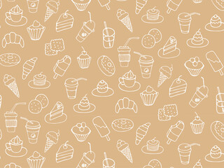Seamless pattern of food and drink, fast food, sweets, cookies, coffee. Hand drawn vector monochrome doodles in line style