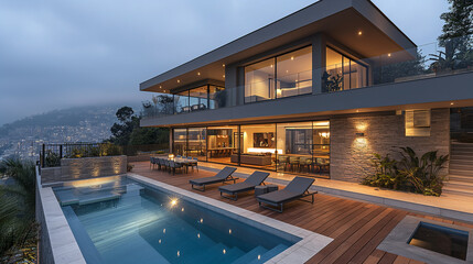 a modern house with a deck and pool, in the style of quito school, soft, atmospheric lighting, grandiose cityscape views, organic stone carvings, light beige and bronze, landscape inspirations, passag