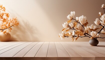 Beige background with a wooden table, product display template. beige background with a wood floor....