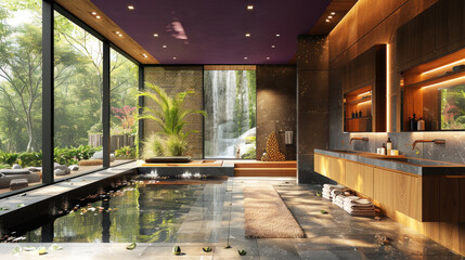 Fototapeta premium Purple combination color contemporary bathroom of a villa hotel by natural river