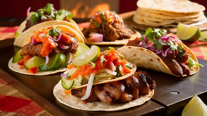 A mouthwatering close-up food photography featuring a colorful array of tacos