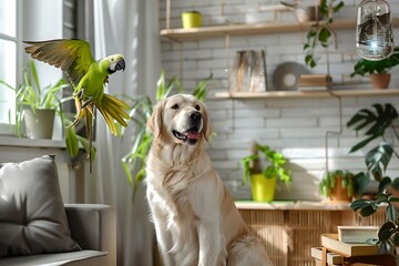 labrador and parrot in home interior
