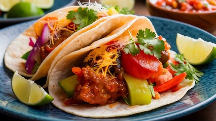 A mouthwatering close-up food photography featuring a colorful array of tacos
