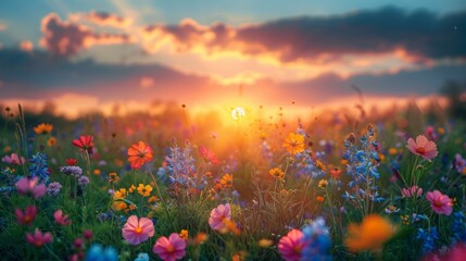 midsummer eve celebration concept banner showcasing a vibrant meadow, blossoming wildflowers, and a backdrop of the setting sun