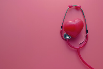 Pink background with a red heart and stethoscope. copy space.