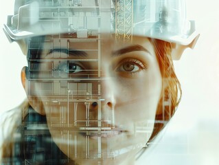 Double exposure of a female engineer wearing a hard hat, merged with an architectural plan close up, focus on, copy space