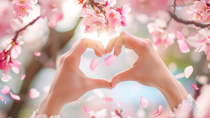 ハートのハンドサイン 桜 カップル