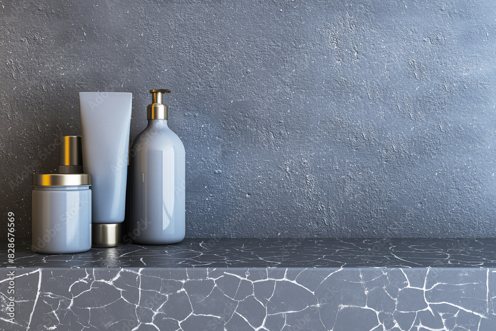 Poster cosmetic bottles on a marble countertop against a textured blue wall, focusing on product presentati