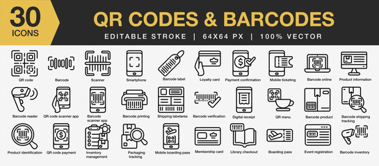 Fototapeta premium Set of 30 Qr code and barcode icon set. Editable Stroke Icon Collection. Includes smartphone, product, receipt, menu, card, scanner, and More. Outline icons vector collection.