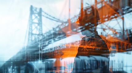 Double exposure image of a construction worker with cranes in the background.