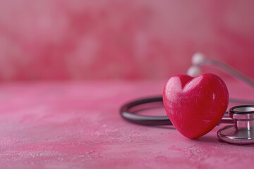 Fototapeta premium Pink background with a red heart and stethoscope. copy space.