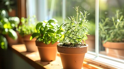 Summer Cooking Ingredients: Fresh Herbs Flourishing on a Sunlit Kitchen Windowsill