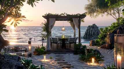 Elegant beachfront pavilion with ocean view restaurant - a tropical paradise. Outdoor dining concept, travel, lifestyle, 4k HD wallpaper, background, generated by AI - Powered by Adobe
