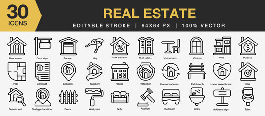 Set of 30 Real estate icon set. Editable Stroke Icon Collection. Includes villa, toilet, home,house, bedroom, garage, and More. Outline icons vector collection.