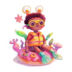 Cute diver sitting on doughnut white background (8)