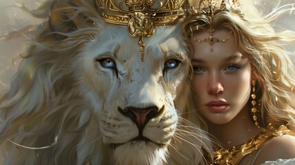 a regal and majestic white lion with a serene expression, gazing forward with piercing blue eyes