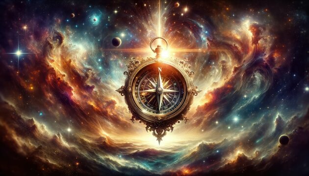 compass with an ornate design, bathed in a radiant light
