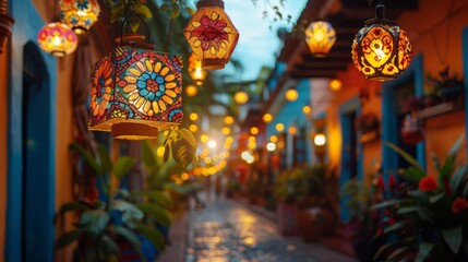 colorful traditional papel picado banners hanging in san antonio streets, creating a vibrant mexican fiesta atmosphere illustrates traditional decor for festivities