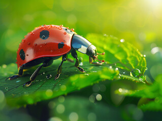 a close-up image of a ladybug crawling on a lush green leaf