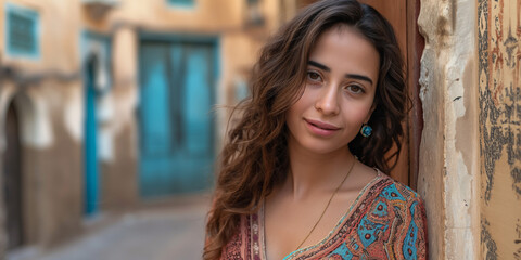 Naklejka premium Naturally beautiful woman with casual, carefree style posing in a Mediterranean alley