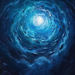 A large group of sardines in the deep blue ocean, flocking and gathering close to the light that is about to break through to the surface of the water. The sun shines on the surface of the water
