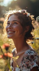 Beautiful Woman Smiling Happily in Nature