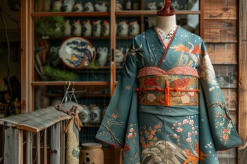 Naklejka premium A kimono with a floral pattern and a phoenix pattern displayed in a traditional Japanese house