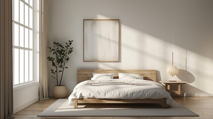 A minimalist bedroom with a bright and airy feel, showcasing a low-profile bed with crisp white linens. The room is illuminated by natural light streaming through large windows, highlighting the