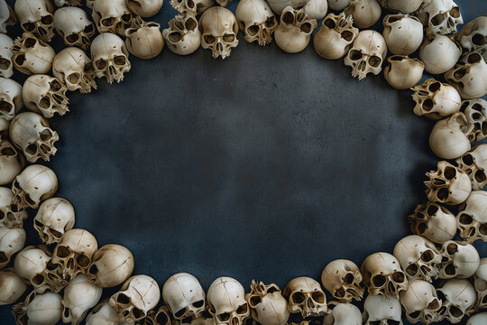 Human skull frame: Grunge Halloween texture with bones and craniums. Gothic style for horror projects. Ritualistic macabre frame. Haunting grungy horror bone frame. 
