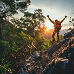 Obraz premium Joyful Hiker Celebrating Success on the Mountain Top