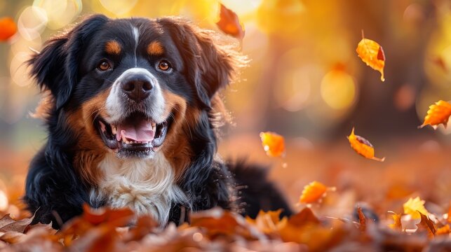bernese mountain dog enjoys autumn leaves crisp fall air, creating a cute pet concept background with space for text