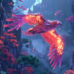 An epic illustration of a majestic phoenix soars through a vibrant dreamscape