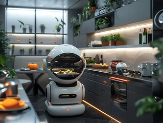 Generate a photorealistic image of a robot in a modern kitchen